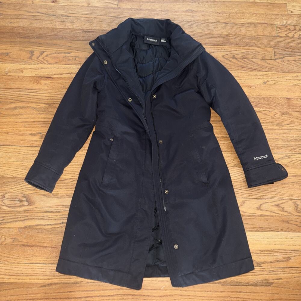 Marmot Woman’s Size Sm Black 700 Fill Down Jacket Long Coat Cozy Winter Warm - Picture 1 of 7